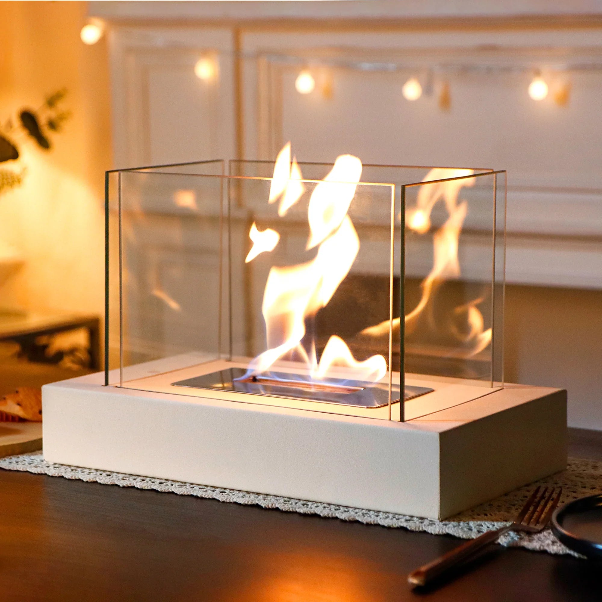 360° View Rectangular Tabletop Fire Bowl With Four-Sided Glass
