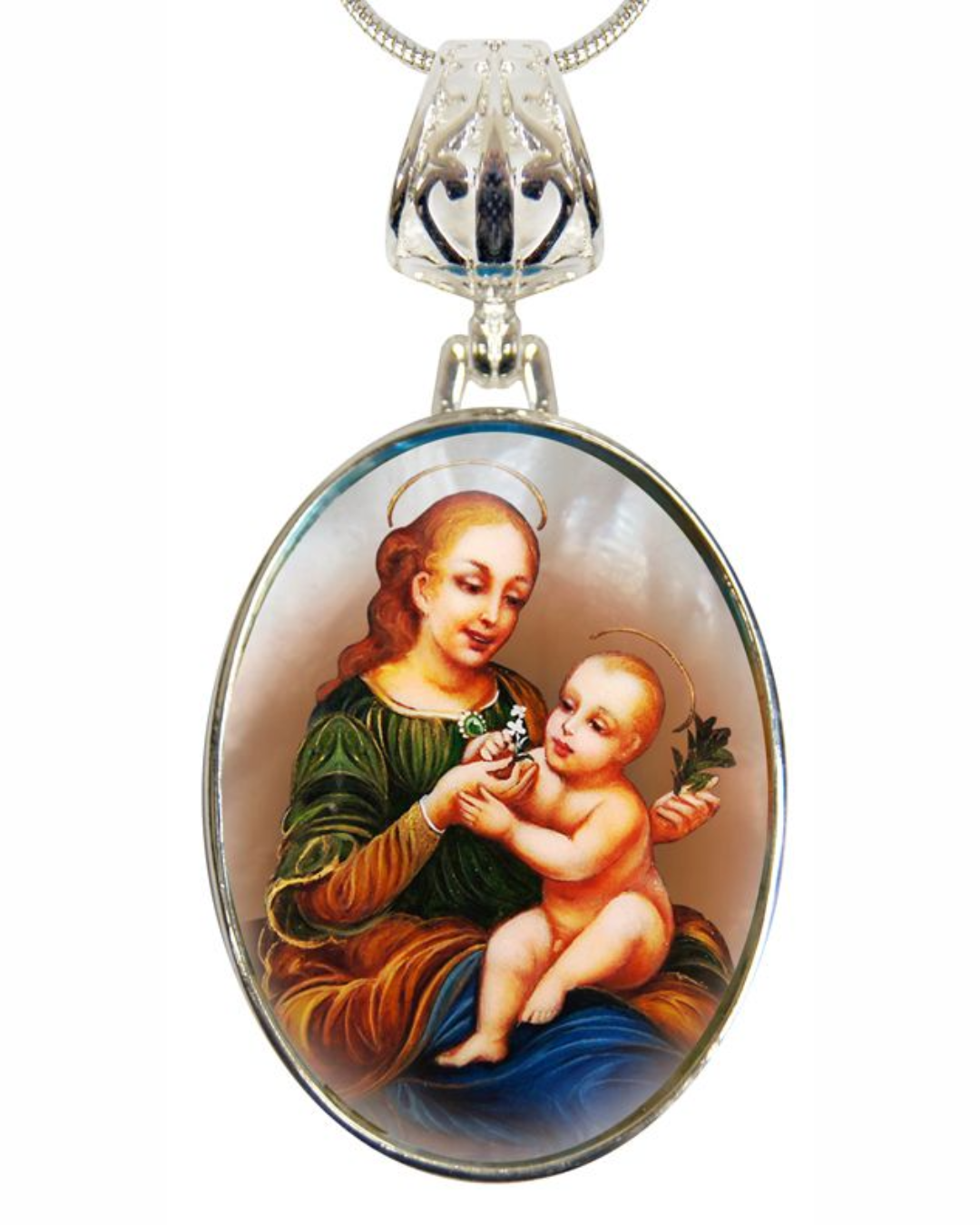 Madonna And Child Silver Plated Mother of Pearl Necklace Jewelry - 43031