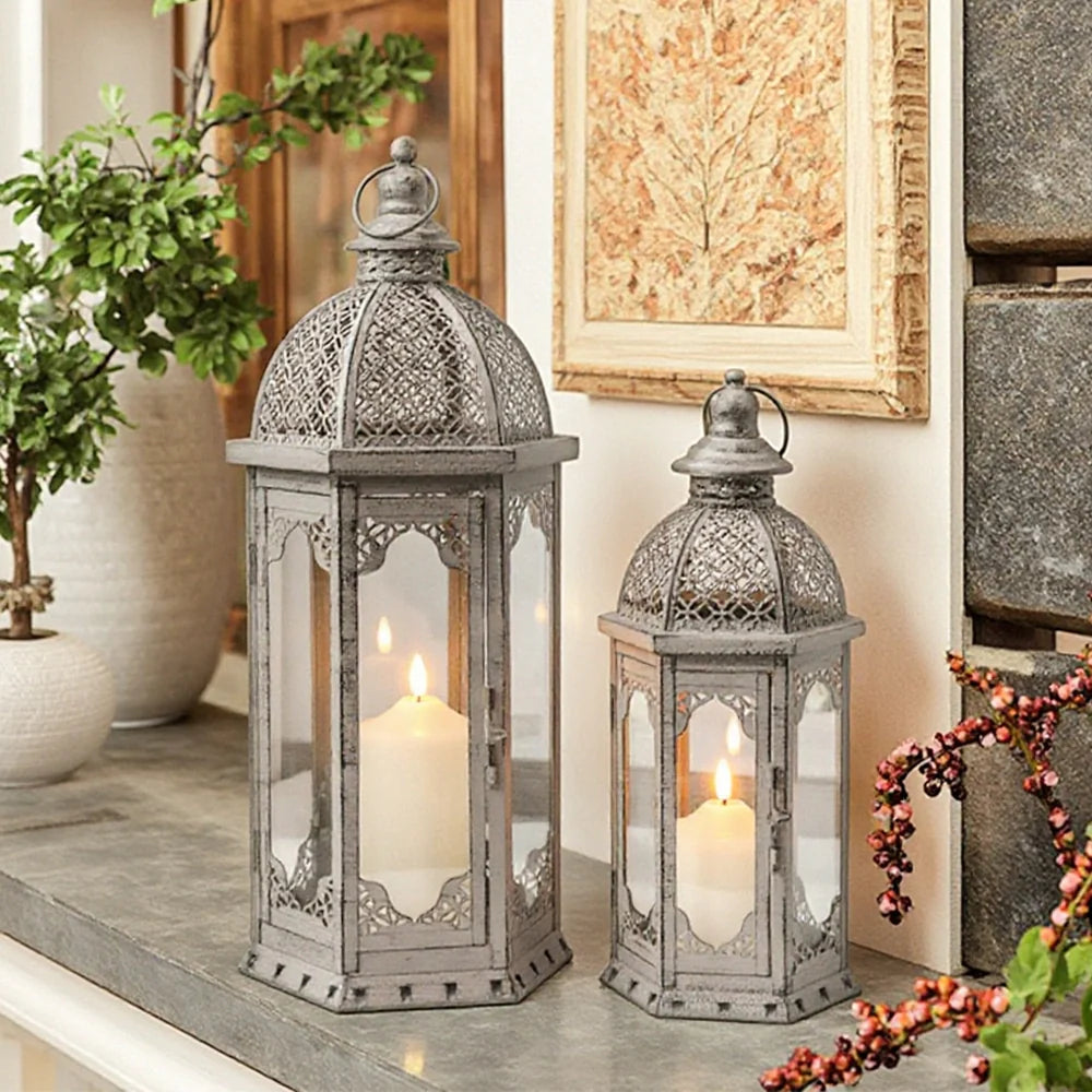 Set of 2-22"&17"H Vintage Metal Candle Lanterns(Grey with Black Brush)