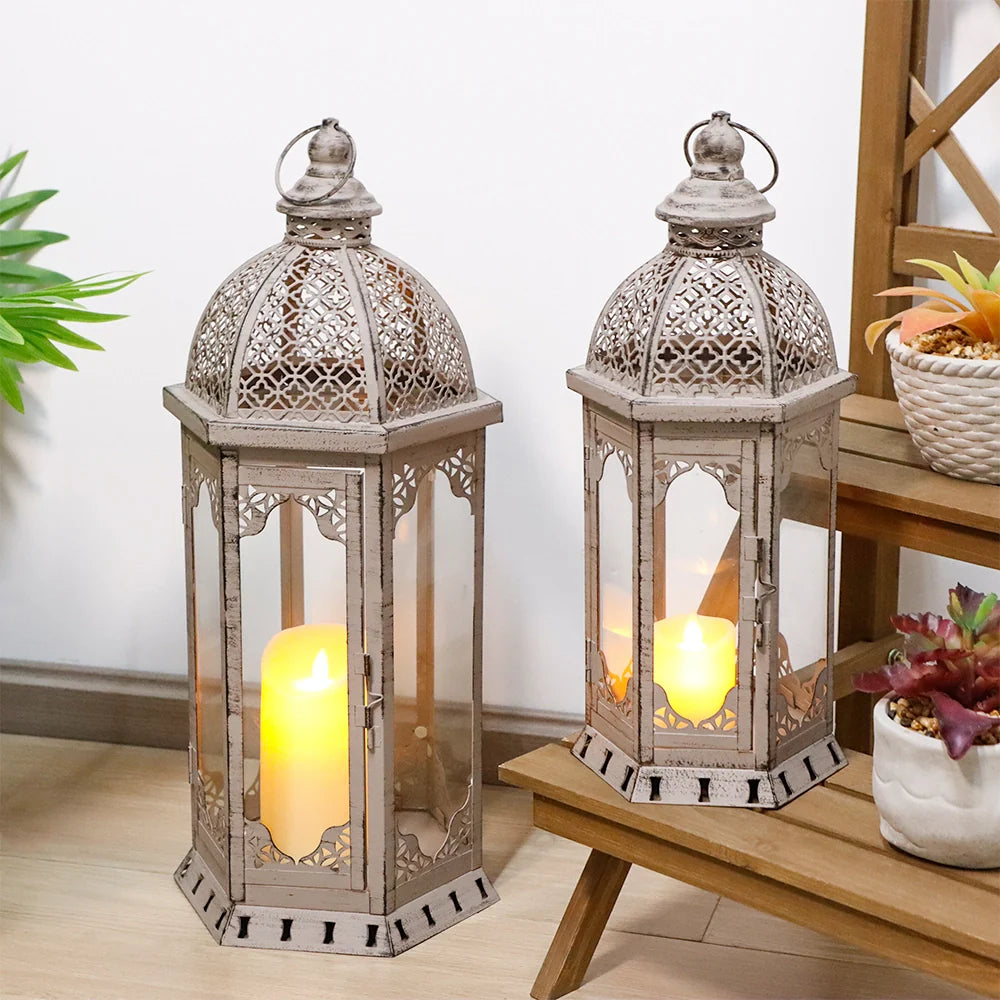 Set of 2-22"&17"H Vintage Metal Candle Lanterns(Grey with Black Brush)