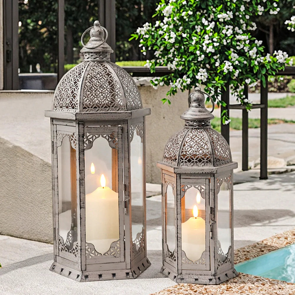 Set of 2-22"&17"H Vintage Metal Candle Lanterns(Grey with Black Brush)